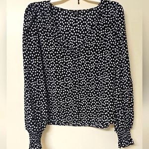 Black and White Ditsy Floral Print Button Down V-Neck Blouse size L